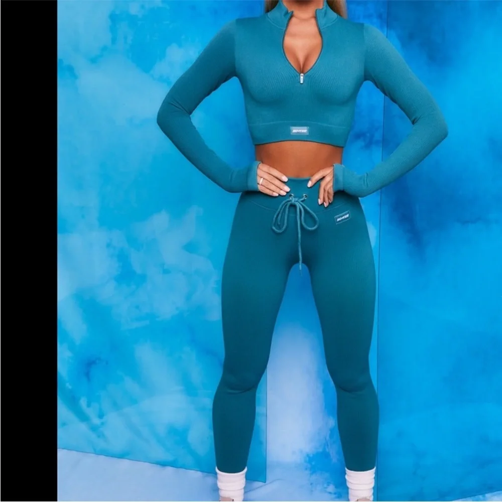 Bo + Tee Teal Endure ribbed fitness workout gym set cropped tops and leggings XS - Picture 7 of 11